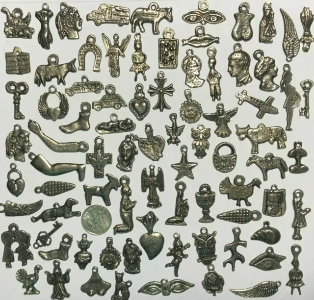 25 Milagro Charms Mexican Folk Art Dark Antique SILVER/Black Wholesale lot