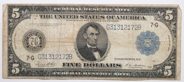 1914 $5 Five Dollar Federal Reserve Note /H7