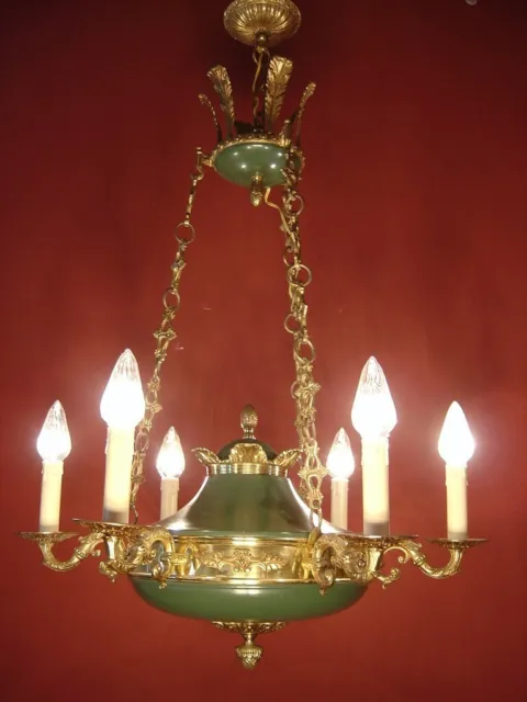 Empire Brass Chandelier Green Varnish Lamp French Old 6 Lights  Ø 24"