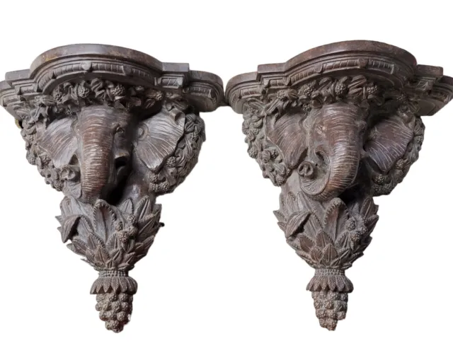 Hickory Manor House Carved Elephant Shelves Set of 2