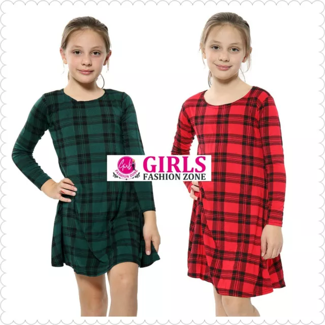 Girls Red or Green Tartan Print Long Sleeves Flare Skater Swing Dress