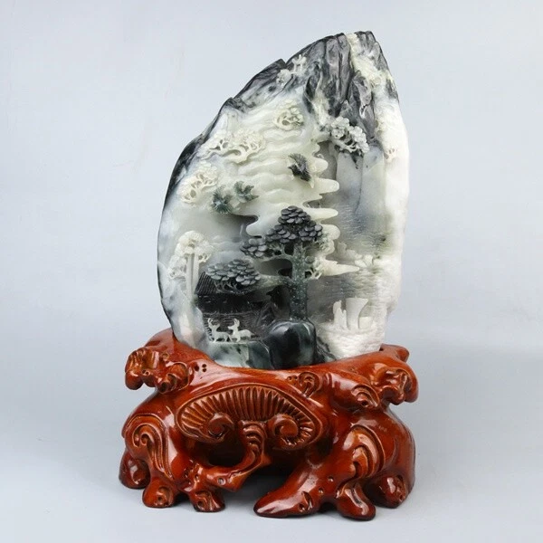 Chinese Exquisite Hand carved Landscape people carving dushan jade statue