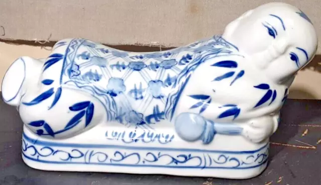 ANTIQUE Chinese Blue & White Porcelain Opium Pillow/Headrest Rotund Man or Boy