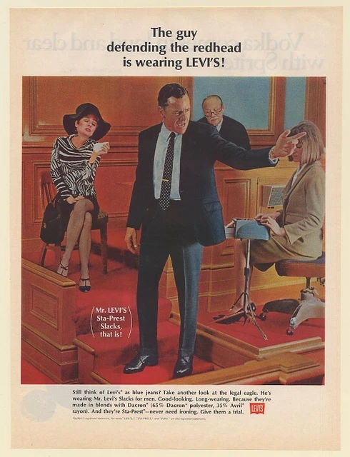 1967 Lawyer Defending Redhead Lady in Courtroom Mr Levi's Slacks Print Ad