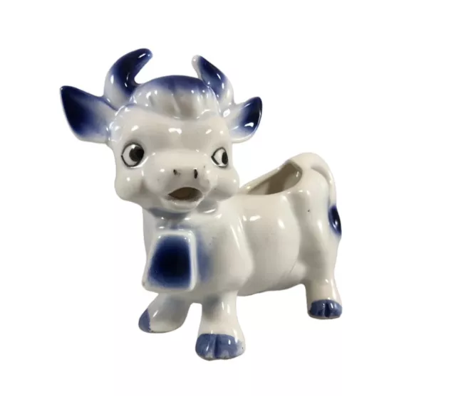 Vintage Blue and White Cow Creamer Bull With Bell Country Kitchen Farmhouse
