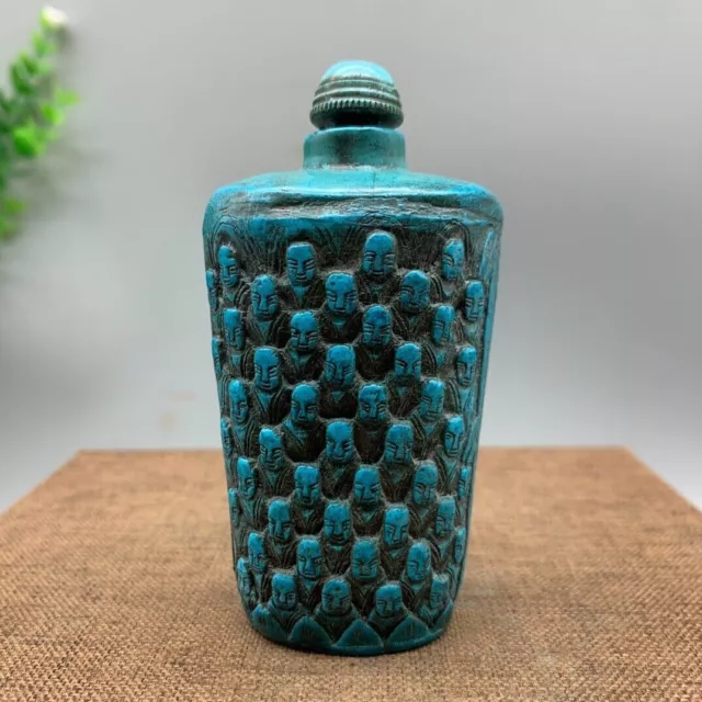 Collectible china art Turquoise carved arhat buddha statue Snuff Bottle