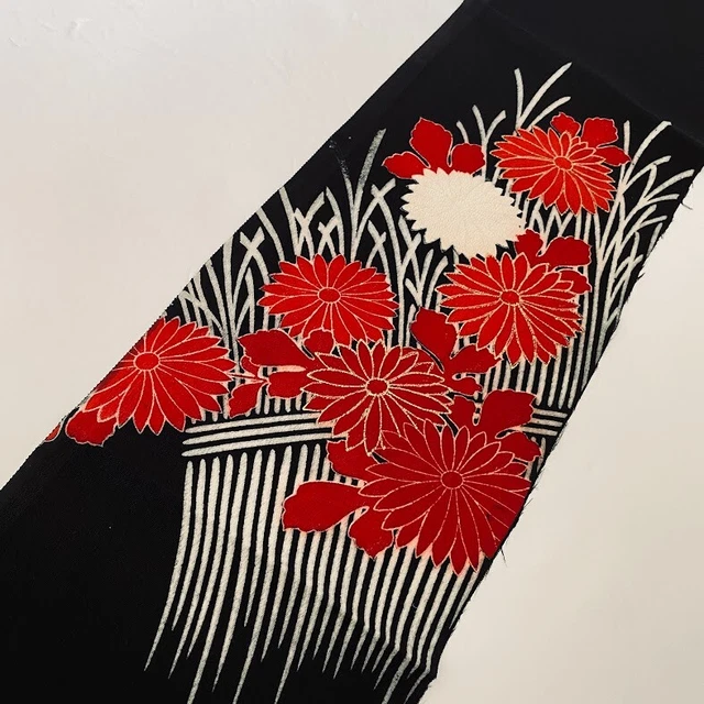 Romance #F 6.5x37 Hand Painted Vintage Tomesode Black Kimono Silk Fabric ToE6