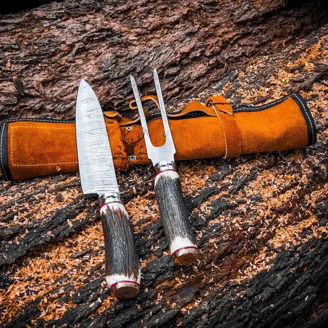 HANDMADE DAMASCUS STEEL Two Piece Carver Set Stag Antler Handle Carving