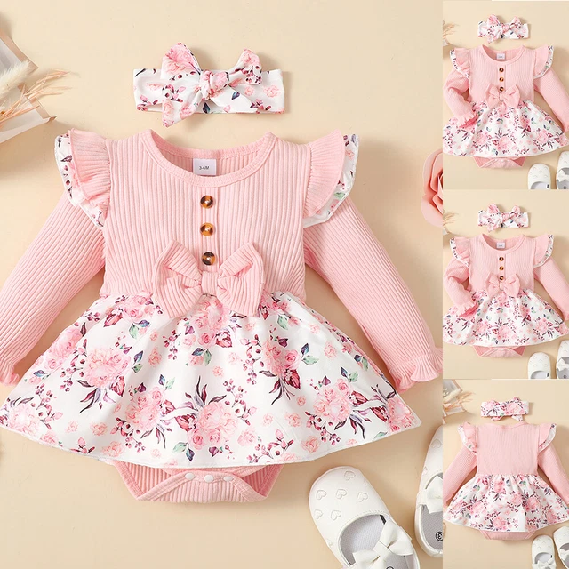 Newborn Baby Girls Floral Ribbed Outfits Romper Dress Headband Set Party Clothes