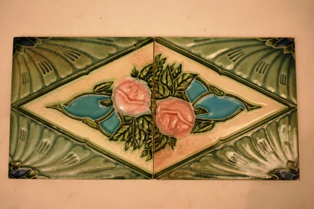 Antique Porcelain Tile Japan Art Nouveau Majolica Floral Rose Ceramic FM Bran"20