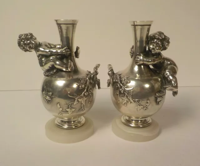 Auguste Moreau French Silver Plated Bronze 5.75" Cherub Vases, c. 1900