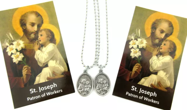 2 pc Lot St Joseph Religious Medal Necklace,Silver Plated,No Tarnish Chain