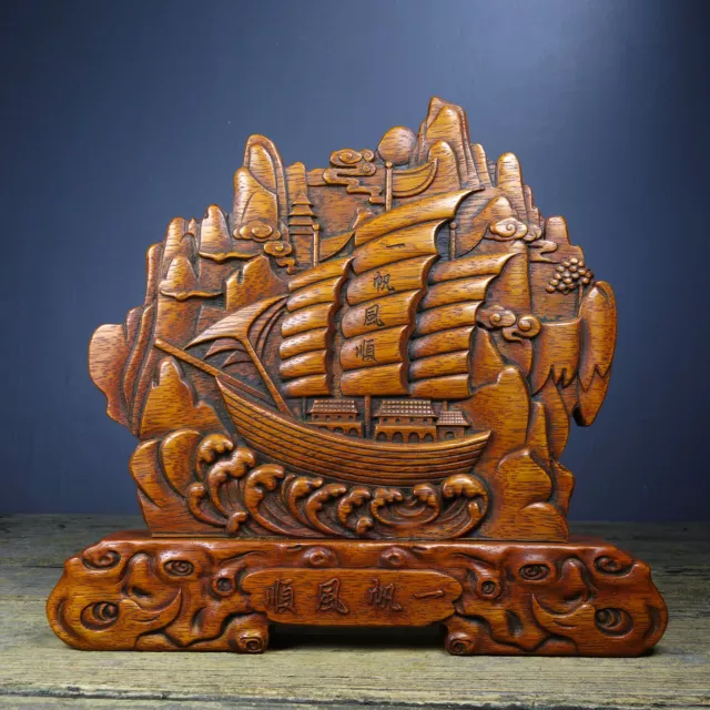 10.2"Chinese Vintage Rosewood Carved Boat Statue Screen Wooden Home Decor Art