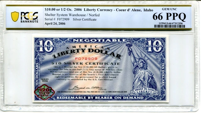 AMERICAN LIBERTY DOLLAR $10 Silver Certificate 2006 PCGS GEM 66 PPQ * AvenueCoin