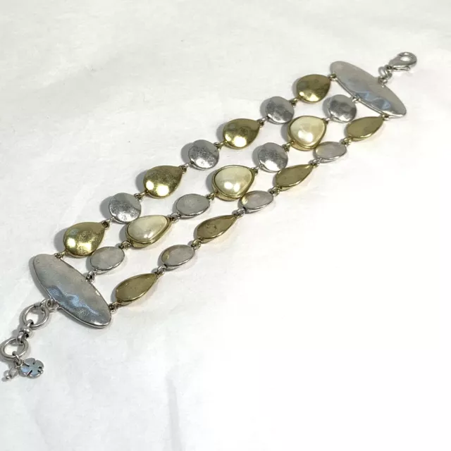 LUCKY BRAND Triple Strand 2 Tone BRACELET Hammered Discs SILVER GOLD Faux Pearl