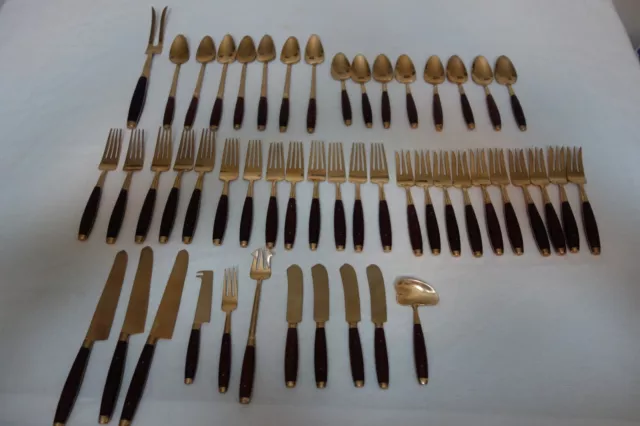 Vintage MID CENTURY MODERN Thai Brass and Rosewood FLATWARE SET Of 50 Pieces