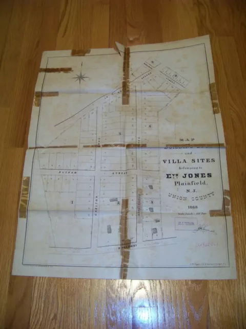 1868 Map Plainfield NJ Evan Jones J. R. Dunham James S. Vosseller Sauerwein