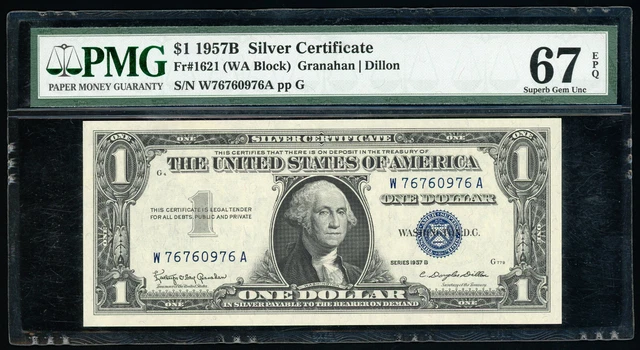 Fr 1621, 1957B $1 Silver Certificate (WA Block) PMG 67 EPQ Superb GEM UNC