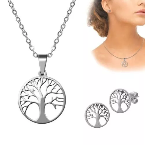 Set Joyas Árbol de la Vida Cadena con Colgante Y/O Pendientes Acero Plateado