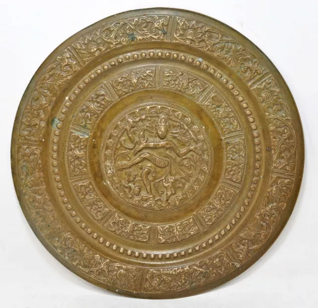 Antik Messing Rund Dekorativ Platte Gott Shiva Narataj Original Fein Graviert