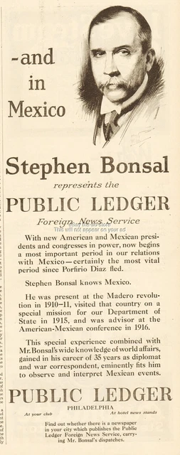 1921 Public Ledger Philadelphia PA Newspaper Stephen Bonsal Foreign News Ad