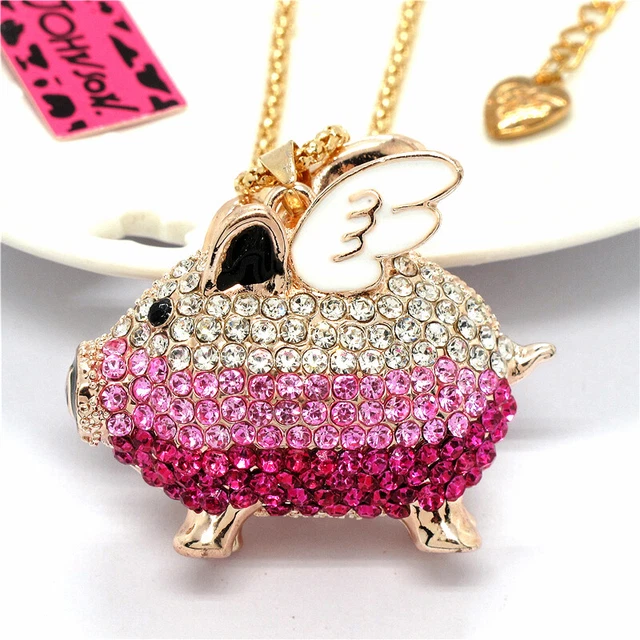 Rhinestone Cute Wing Pig Pink Crystal Pendant Fashion Women Chain Necklace Gift