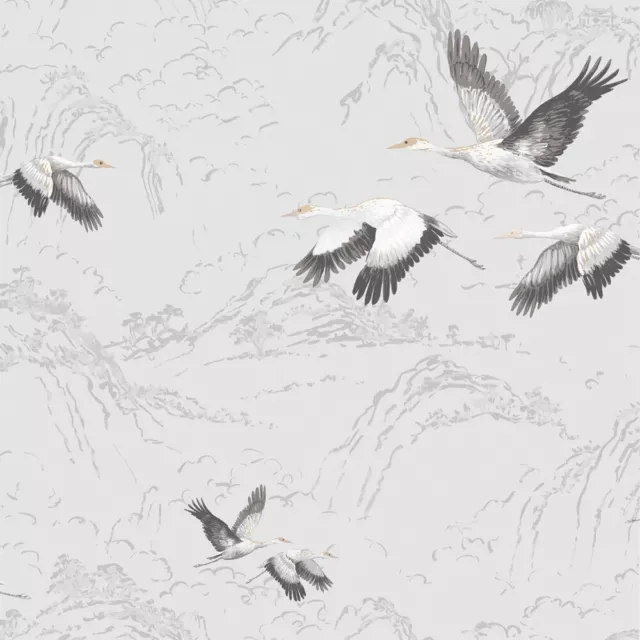 Laura Ashley Animalia Silver Wallpaper 113394 - Stork Crane Birds Flying Grey