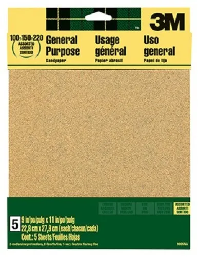 3M Aluminum Oxide Sandpaper, 220-Grit, 9 x 11-In., 5-Pk., 9000NA