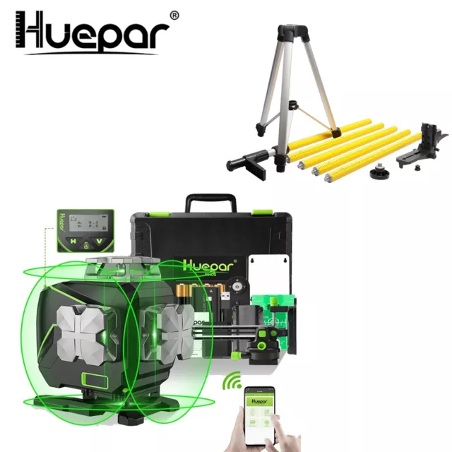 HUEPAR 4D Laser Level with LCD Screen Remote Control + 3.7m Telescoping Pole