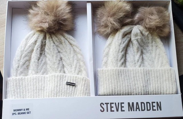 Steve Madden Mommy & Me 2 Piece Beanie Set Knit With Pom Pom Ivory NIB One Size