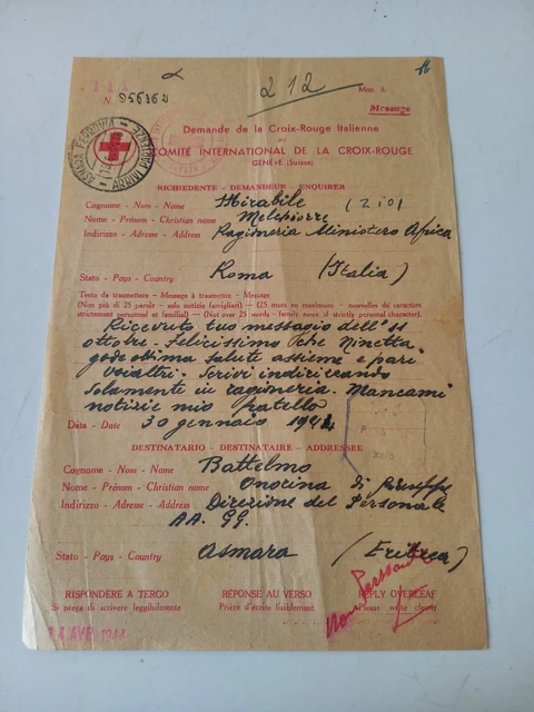 Messaggio Croce Rossa Rsi Eritrea 1944