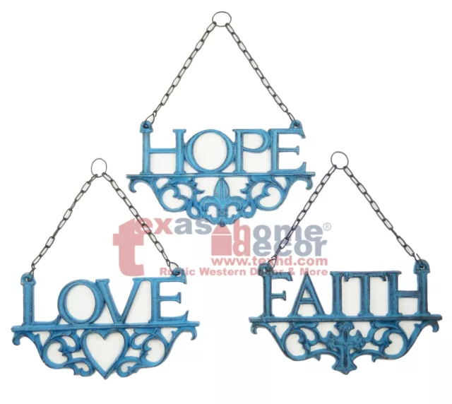 Turquoise Wall Plaques HOPE FAITH LOVE 3Pc Set Cast Iron Fleur De Lis Wall Decor