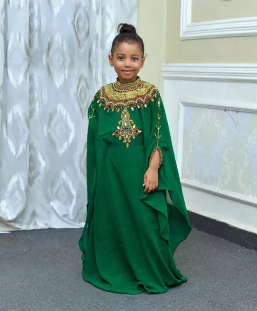 Verde Georgette Fiesta Vestido Nuevo Boda Elegante Caftán Niños Largo Moroccan