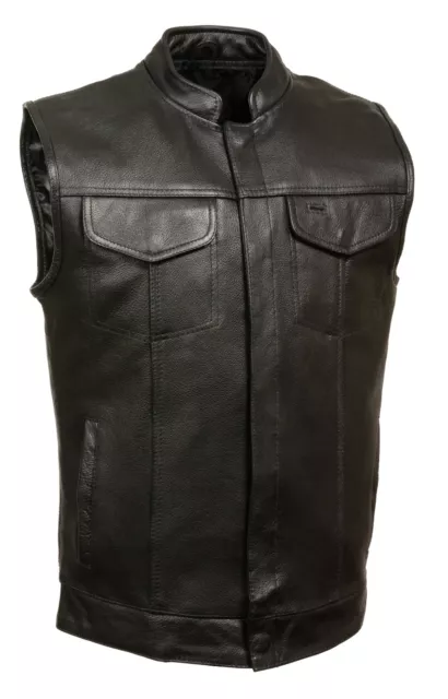 SOA Mens Leather Vest w/ 2 Inside Gun Pockets & Snap Front Closure 1 Panel Back