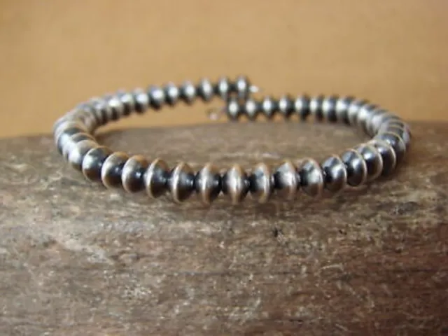 Sterling Silver Rondelle Saucer Bead Navajo Pearl Memory Wire Bracelet by T. ...