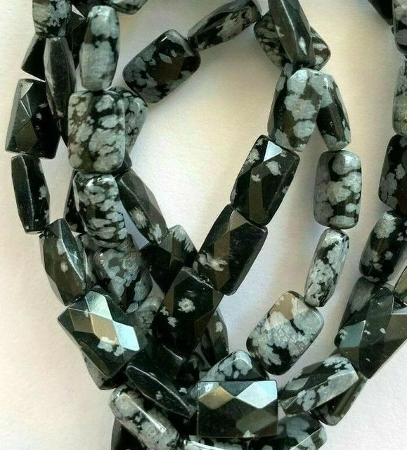 1 Strand Genuine Faceted Rectangle Snowflake Obsidian Beads - 9x7mm - Sparkle