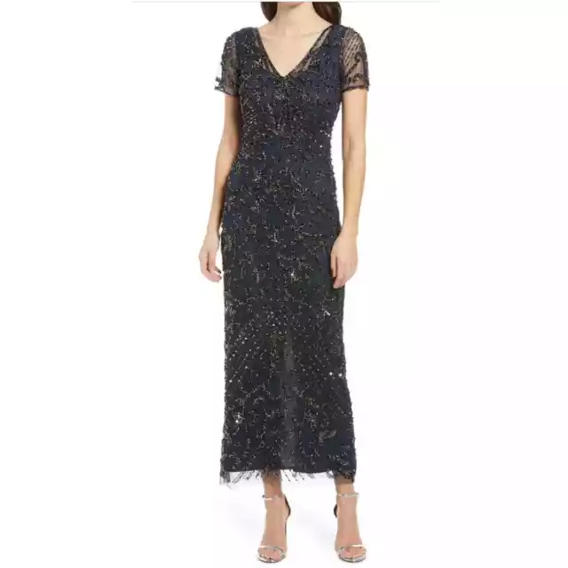 Pisarro Nights Beaded Mesh Column Gown Evening Formal Cosmic Navy Size 12 EUC