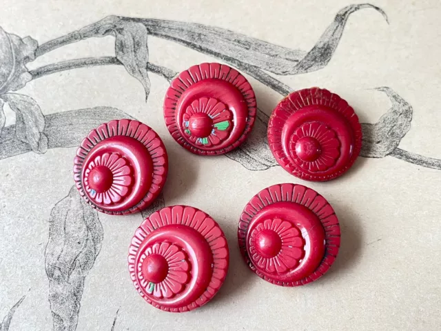 Ensemble de 5 boutons en verre Rouge Forme Fleurs French buttons.