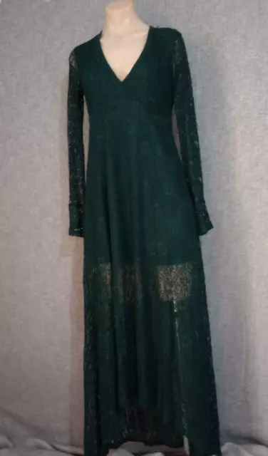 Forever 21 Formal Maxi Dress Womens Size 8 Green Lace Long Sleeve V Neck Hi Low