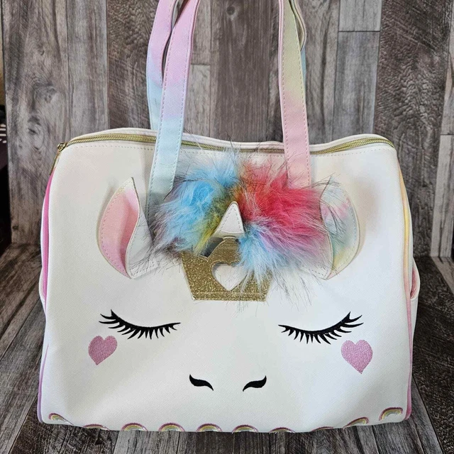 Under One Sky Unicorn Weekender Zipper Bag rainbow zipper top side pockets