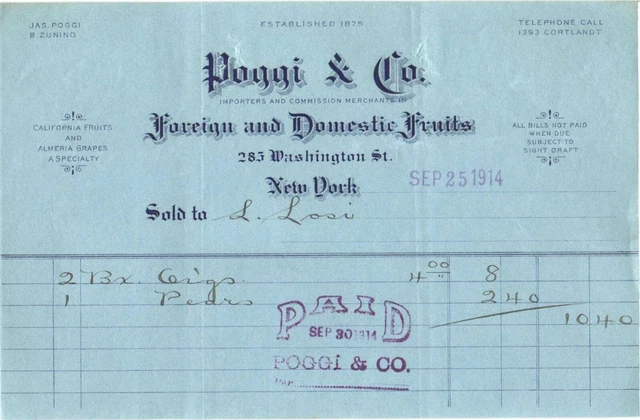 Vintage 1914 BILLHEAD RECEIPT*POGGI & CO Foreign & Domestic FRUITS *NEW YORK