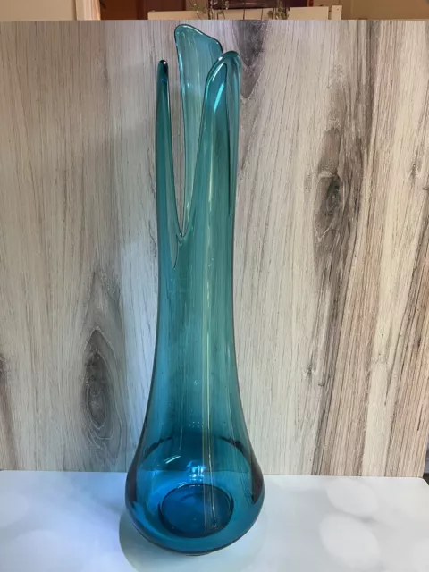 Vintage MCM LE Smith Peacock Blue Swung Smoothie Fat Bottom Glass Vase 21.25"