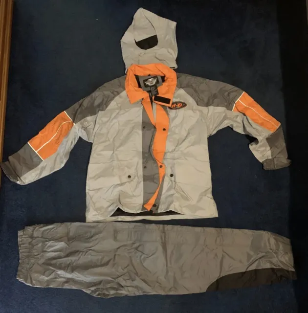Harley-Davidson Mens Reflective Rain Suit Set Jacket Bib Pants Sz S Orange Gray