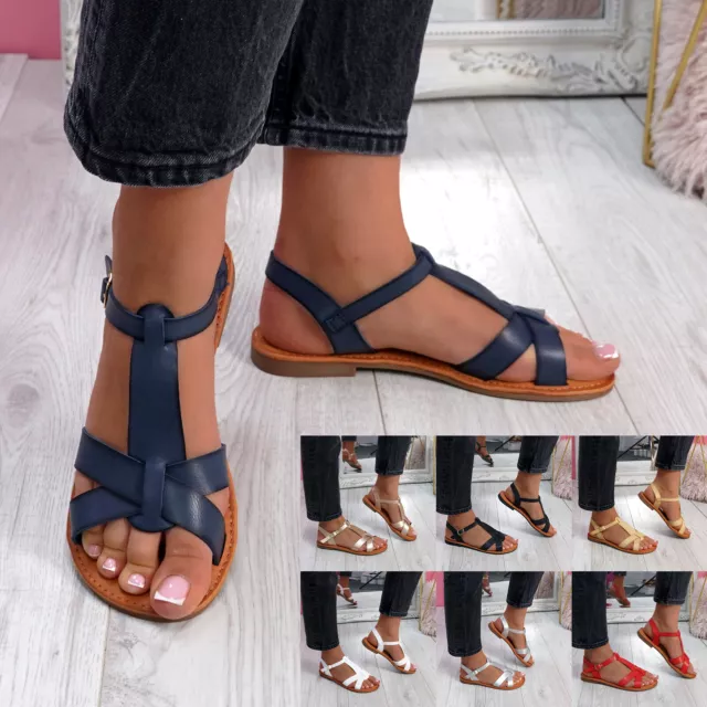 Womens T Strap Flat Sandals Ladies Buckle Peep Toe Summer Women Flat Shoes Size