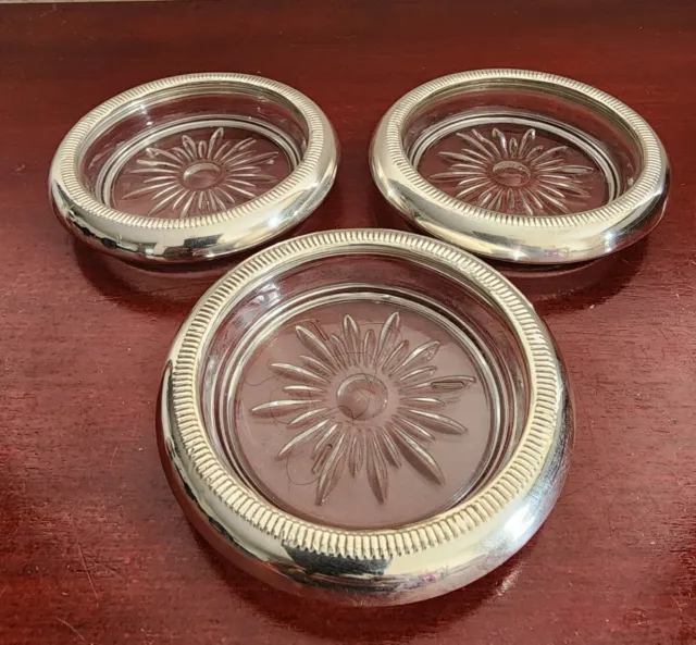 Set Of(3) Crown Sterling Silver Crystal Ashtrays/Coasters. No Chips Or Cracks