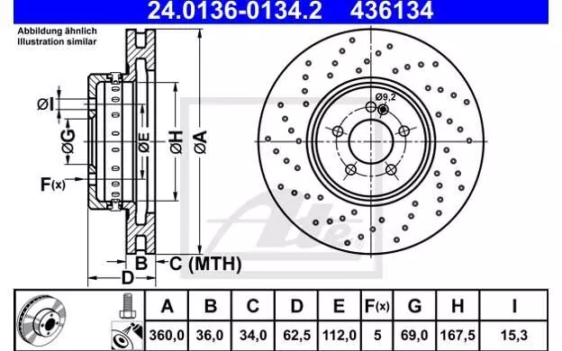 2x ATE Disques de Frein Avant 24.0136-0134.2 - Pièces Auto Mister Auto