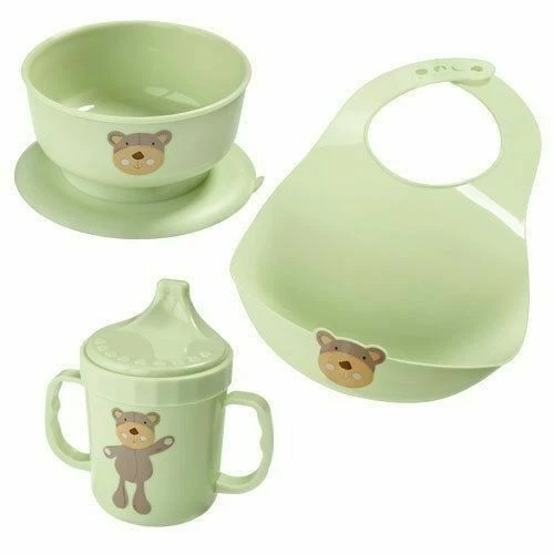 Nuevo JUEGO DE ALIMENTACIÓN PARA BEBÉ OSO DE PELUCHE VERDE PÁLIDO AVON de taza tazón babero