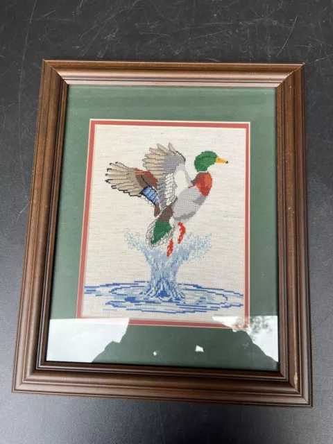 Framed Needlepoint Cross Stitch Art Flying Mallard Duck Out of Water 16.5x13.5"