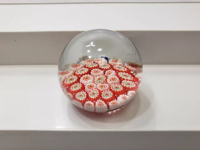 Millefiori Art Glass Round Ball Paperweight Floral 4 Row Red White Vintage