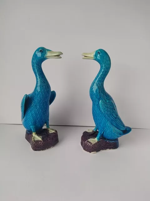 Large Pair of Chinese Blue Duck Porcelain Figures. 25cm Tall.